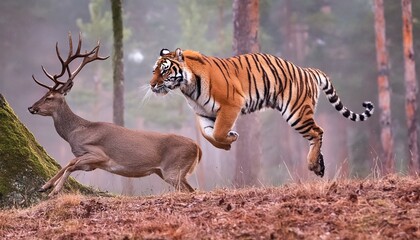 tiger leaping towards a deer in a high-stakes hunt, emphasizing the tense moment of pursuit in the wild background