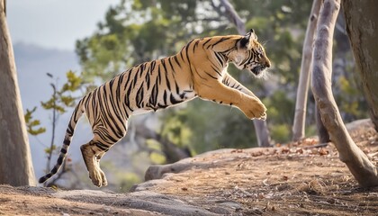 Fototapeta premium tiger leaping towards a deer in a high-stakes hunt, emphasizing the tense moment of pursuit in the wild background