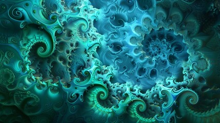A mesmerizing abstract background of intricate fractal patterns in brilliant shades of blue and green, 