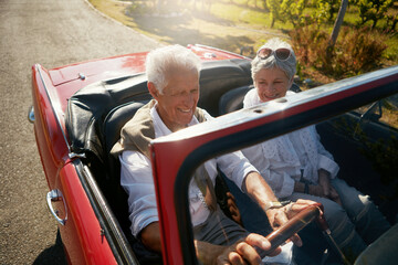 Senior, couple and road or driving convertible for retirement date or holiday adventure, vineyard...