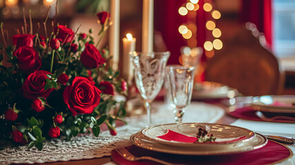 Valentines day tablescape and table decor, romantic table setting with flowers, formal dinner and date, beautiful cutlery and tableware design