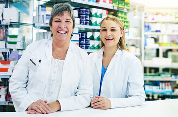 Portrait, women and pharmacy with teamwork, smile and happiness with career ambition, healthcare...