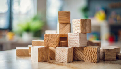 solid wood blocks in various colors stacked on a table, symbolizing creativity and learning in a Montessori-inspired setting. Ideal for educational, childhood development, and playtime themes