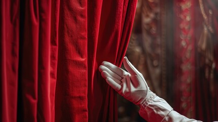 Dramatic red curtain opening with white gloved hand, theater performance. - Powered by Adobe