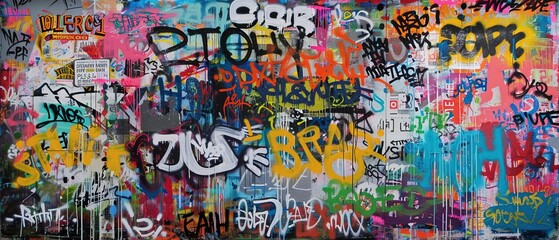 Sprayed paint, stencils, and mixed media street art techniques. Symbolic imagery and bold typography in street art design.