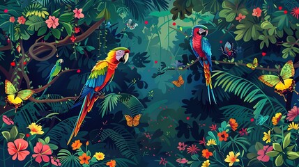 Tropical rainforest illustration with colorful birds and butterflies. Diverse tropical birds like parrots, macaws, and hummingbirds.