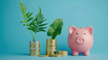 a pink piggy bank beside a stack of gold coins and a growing green plant, isolated against a blue background. Symbolizing investment success and savings.