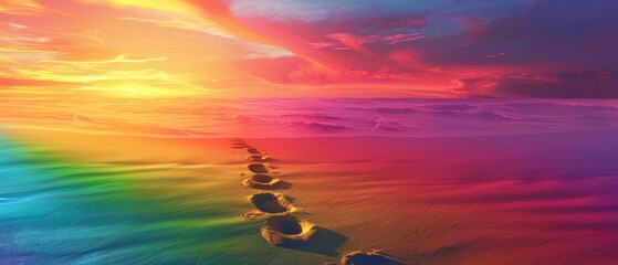 Trail of Rainbow Footprints Stretching into the Horizon with Copy Space Background