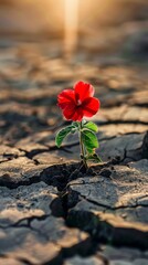 Red flower sprout growing on cracked ground with sunlight Pray of Israel concept