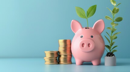 a pink piggy bank beside a stack of gold coins and a growing green plant, isolated against a blue background. Symbolizing investment success and savings.