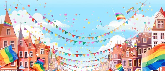 Celebrating Diversity: Vibrant Cityscape with Pride Flags and Copy Space for Messages Illustration