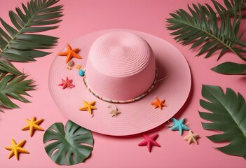 A straw hat with tropical flowers, and palm leaves on a pink background