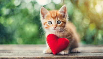 Adorable small red striped kitten with a red heart symbolizing love and affection. Perfect for themes of pet adoption, donations, and Valentine's Day cards, highlighting the joy of loving pets