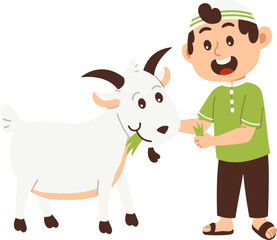 Man wearing a skullcap with a goat at the Eid al Adha sacrifice event