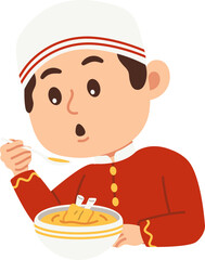 Muslim male character wearing a cap eating goat curry