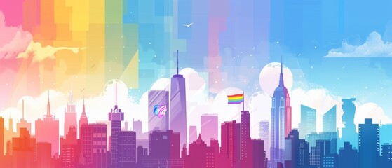 Embracing Diversity: LGBTQ+ Symbols in Urban Landscape with Copy Space Skyline Illustration