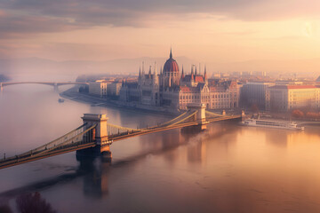 Fototapeta premium Budapest at sunrise. Chain Bridge and Parliament.