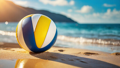 volleyball rests on golden beach sand near the ocean, bathed in sunlight, evoking summer vibes, leisure, and the spirit of beach sports