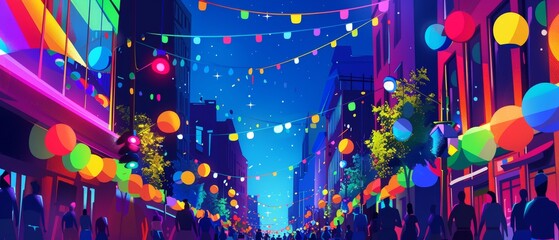 Neon Night Delight: Vibrant Pride Festival Illustration with Copy Space