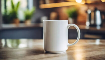 white blank coffee mug stands on a tabletop with a blurred kitchen background, symbolizing simplicity and potential, ready for custom designs or messages. Perfect for promoting branding or personal cr