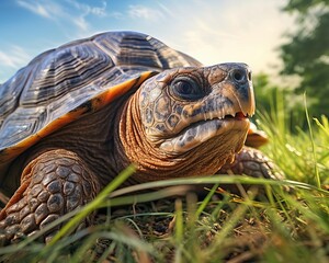 Obraz premium A close up of a tortoise, a reptile with a hard shell. The tortoise is in the grass and looking at the camera.