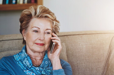 Face, phone call and thinking with senior woman on sofa in living room of retirement home for...