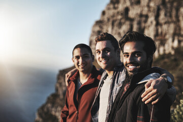 Mountain, adventure and portrait of men with smile for travel, hiking and bonding together. Nature,...