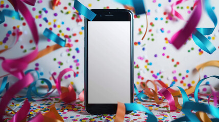 3D confetti phone celebrate party winner. Win confetti hand smartphone mockup render. Smart 3d screen surprise confetti gadget illustration. Cellphone screen background empty template. Generative AI