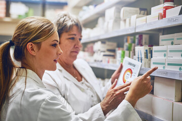 Pharmacist, women and together with tablet by shelf for stock, charts and sales stats with point at...