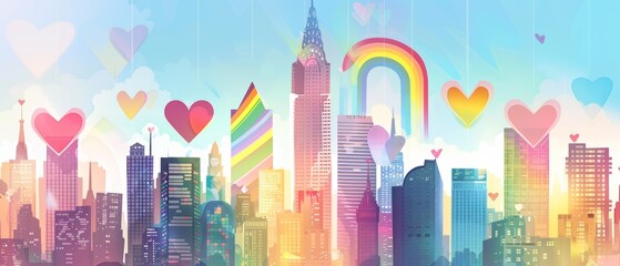 Diverse City Pride: LGBTQ+ Symbols Infused in Urban Skyline with Copy Space - Inclusive Pride Illustration Concept
