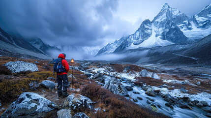 Fototapeta premium Hiker with backpack pausing to take in a winter landscape with snow covered mountains, scenic remote majestic wilderness