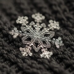 A detailed macro shot of a single snowflake on a dark, textured fabric, highlighting its intricate patterns.