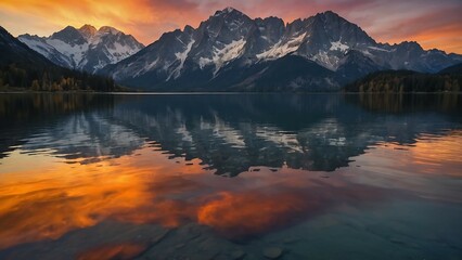 "Majestic Mountain and Still Lake at Sunset"