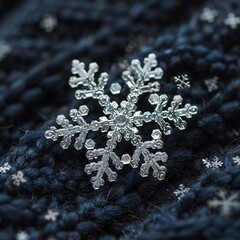 A detailed macro shot of a single snowflake on a dark, textured fabric, highlighting its intricate patterns.