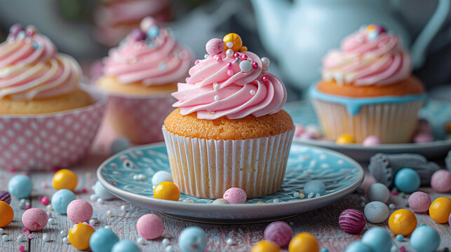 Bright colored candy cupcake with polka dot tea