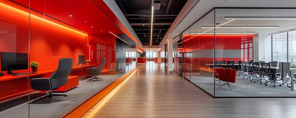 Plan an office space utilizing anodized finishes and backlighting to achieve a sophisticated and clean design