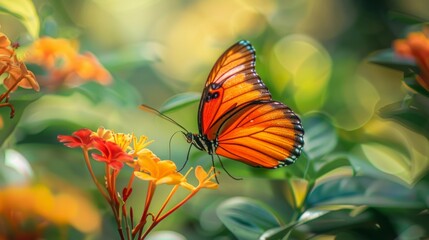 macro of a beautiful orange butterfly feeding on nectar from a tropical flower