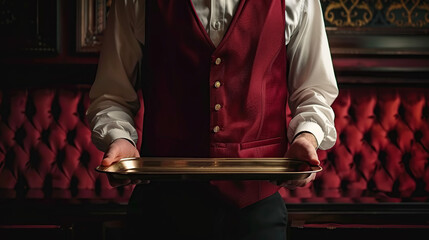 Waiter tray butler hand serve hold plate isolated white man silver empty glove servant. Butler waiter service tray dinner restaurant concept luxury hotel food platter elegant person background job