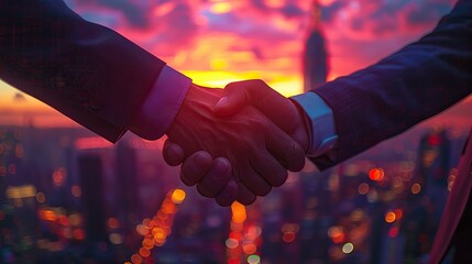 businessman handshake on skyscraper background at sunset partnership successful deal agreement business contract concept.illustration