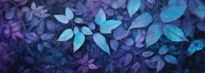 painting of plants with patterns and dark colors, in the style of multiple exposure, macro photography, leaf patterns, dark purple and light azure, neo-mosaic