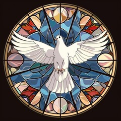 White Dove Flying in Front of Church Colored Window, Vector Illustration
