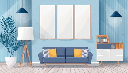 Frame mockup, ISO A paper size. Living room wall poster mockup. Interior mockup with house background. Modern interior design. 3D render,