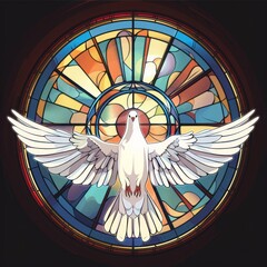 White Dove Flying in Front of Church Colored Window, Vector Illustration
