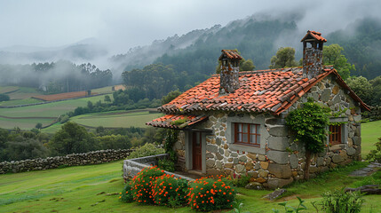 Casa blanca aislada en un paisaje verde y frondo