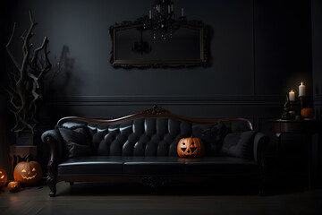 Halloween dark living room interior with sofa and spooky image design.