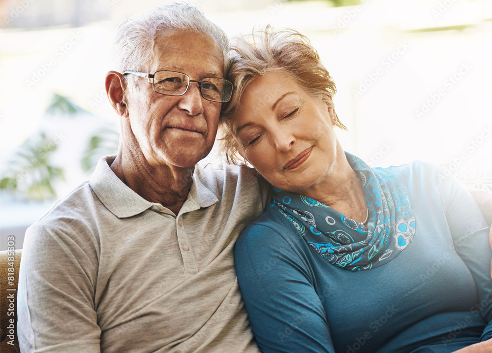 Poster Portrait, home and old couple with love, hug and retirement with happiness, romance and relationship. Face, senior man and mature woman on couch, comfort and trust with marriage and bonding together