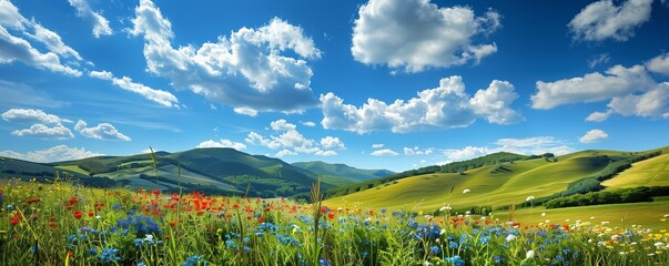 A picturesque countryside scene, with rolling hills and verdant meadows dotted with colorful wildflowers, under a clear blue sky with fluffy white clouds