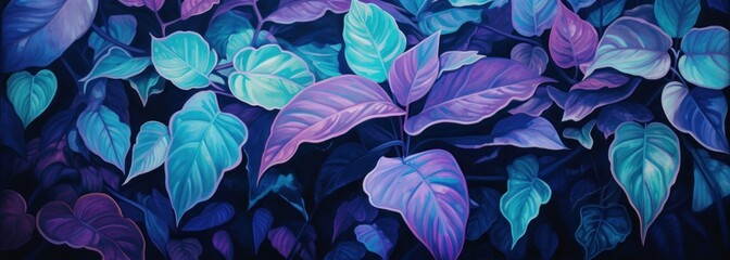 painting of plants with patterns and dark colors, in the style of multiple exposure, macro photography, leaf patterns, dark purple and light azure, neo-mosaic