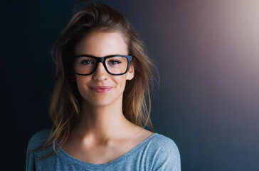 Studio, teenager or portrait of a girl for fashion, glasses or optometry with vision isolated on...