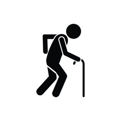 Elderly Person Walking with Cane, Hunched Over, Silhouette Icon Symbol Image